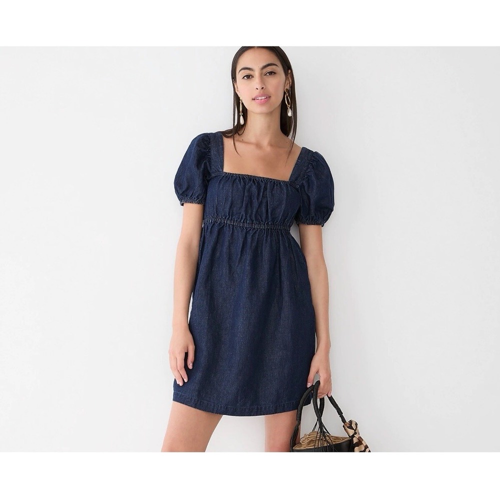 New! J. Crew Square-neck Puff Sleeve denim chambray mini dress size 8